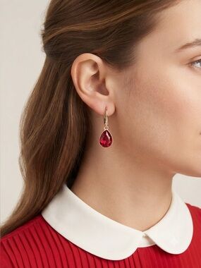 DKNY Gold Tone Red Teardrop Dangle Earrings Leverback Drop Earrings